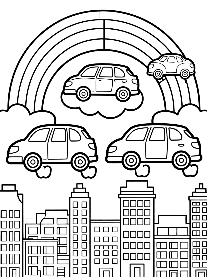 Cars flying through the clouds with a rainbow behind and city skyline below.