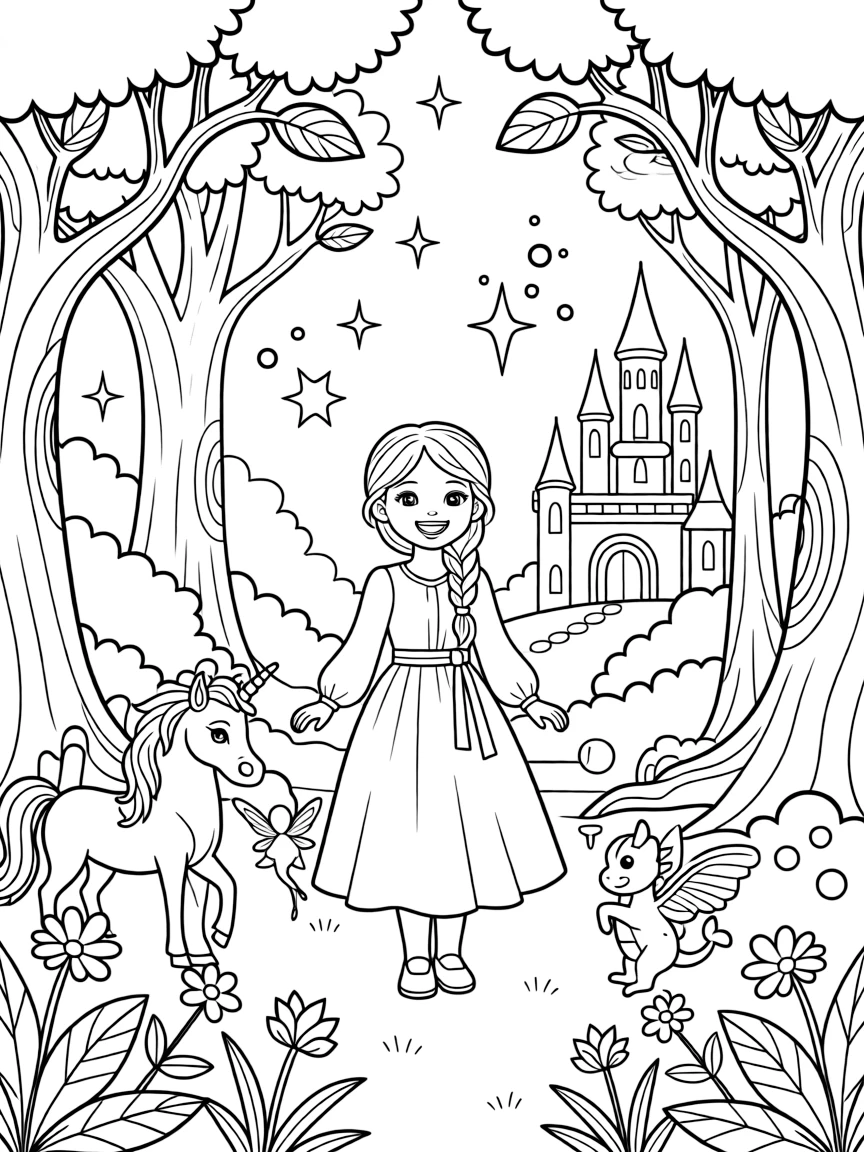 A fantasy background of Luisa in a magical forest or castle, with sparkles and mystical creatures.