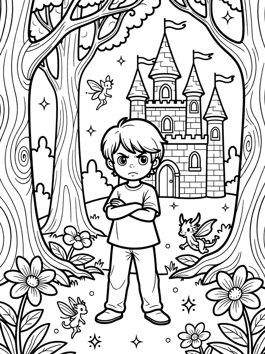A fantasy background of Anger in a magical forest or castle, with sparkles and mystical creatures.