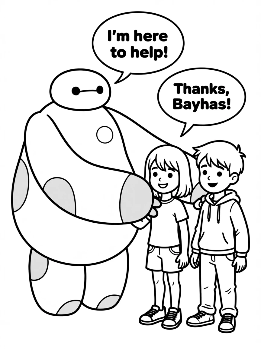 A cartoon-style drawing of Baymax helping friends, with speech bubbles and cheerful faces.