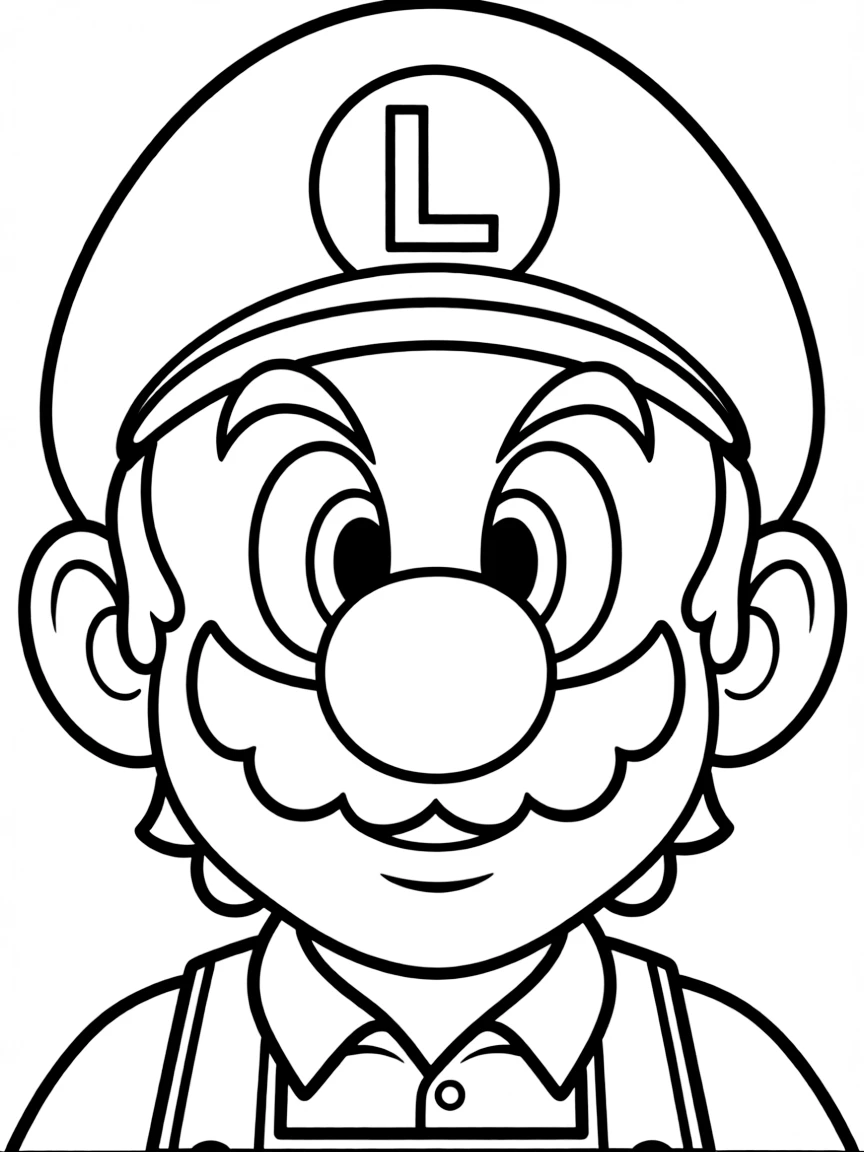 A close-up of Luigi's face in bold lines with expressive eyes and detailed costume elements.