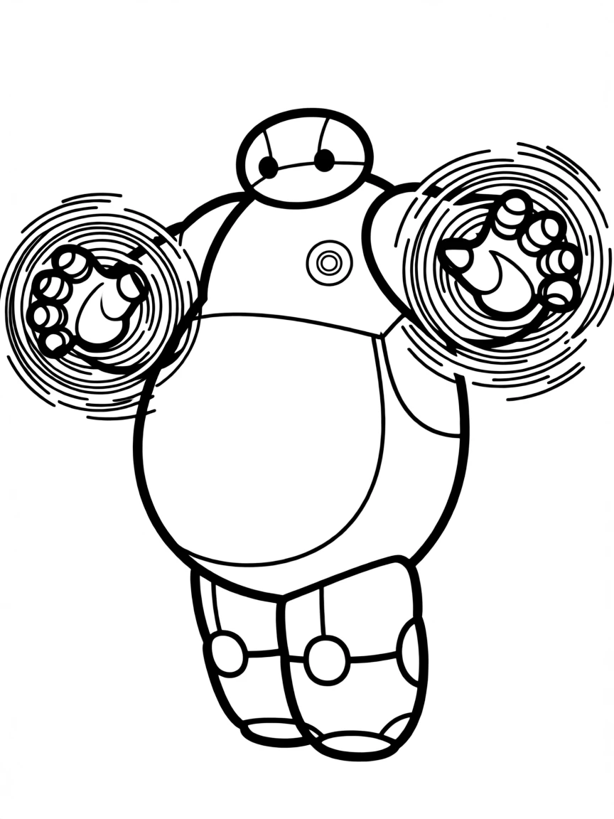 An action-packed scene of Baymax using their special powers in a dramatic battle pose.