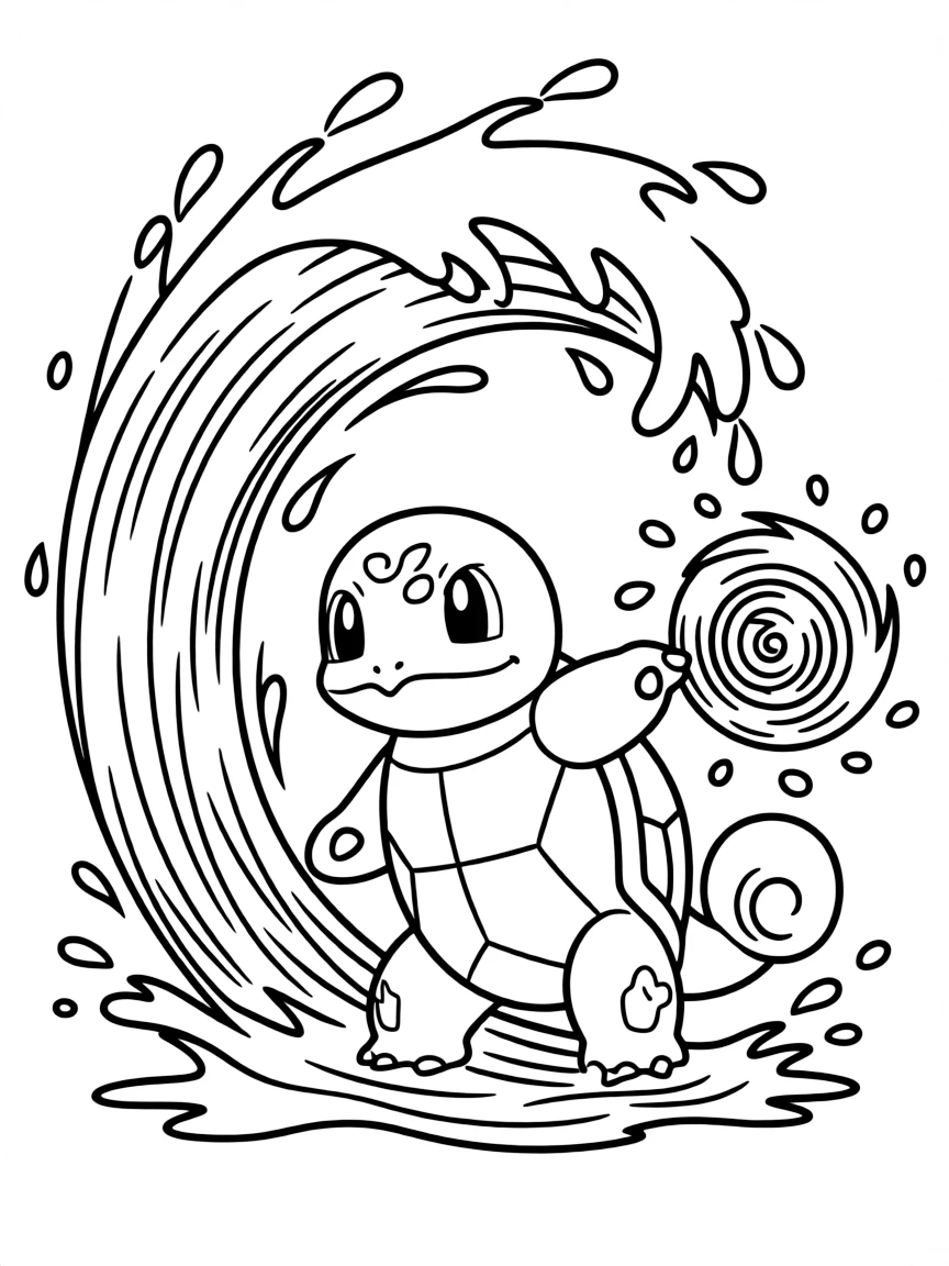 An action-packed scene of Squirtle using their special powers in a dramatic battle pose.