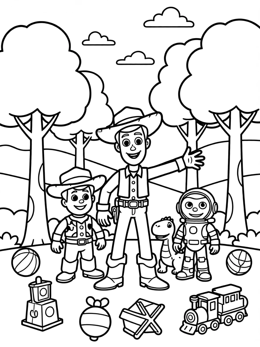 Woody smiling and posing with their sidekicks, surrounded by trees, toys, or fun backgrounds.