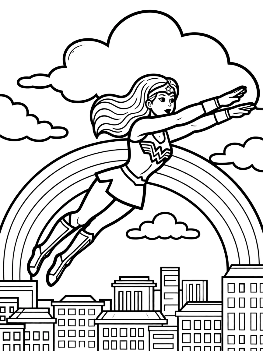 Wonder Woman flying through the clouds with a rainbow behind and city skyline below.