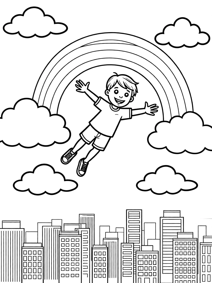 Woody flying through the clouds with a rainbow behind and city skyline below.
