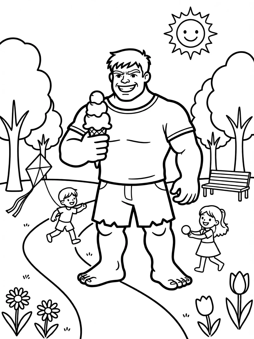 Hulk enjoying a day off, eating ice cream or playing with friends in a park setting.