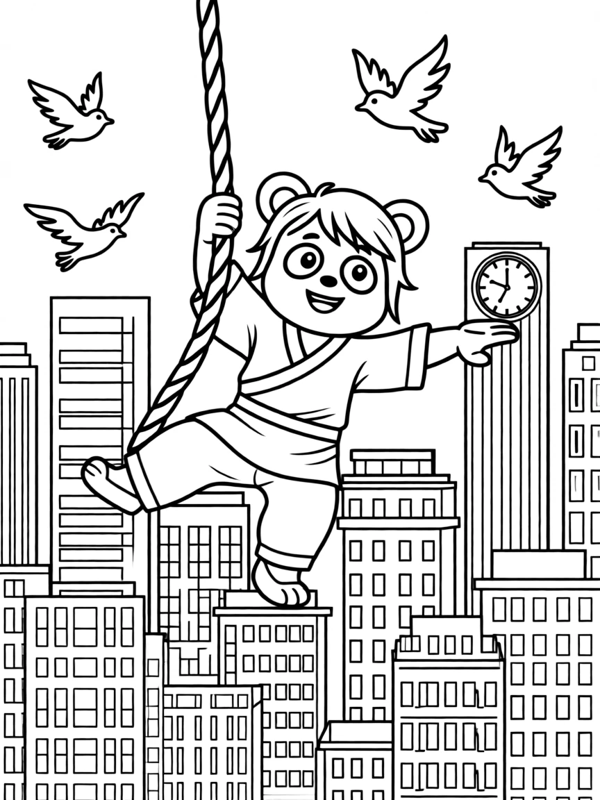 A fun and detailed coloring page of Po swinging through a city full of tall buildings and birds.