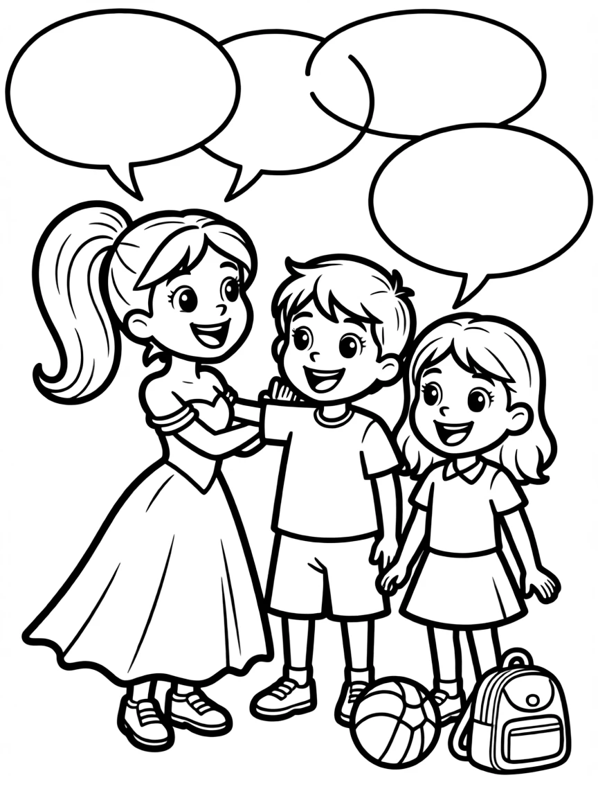 A cartoon-style drawing of Jasmine helping friends, with speech bubbles and cheerful faces.