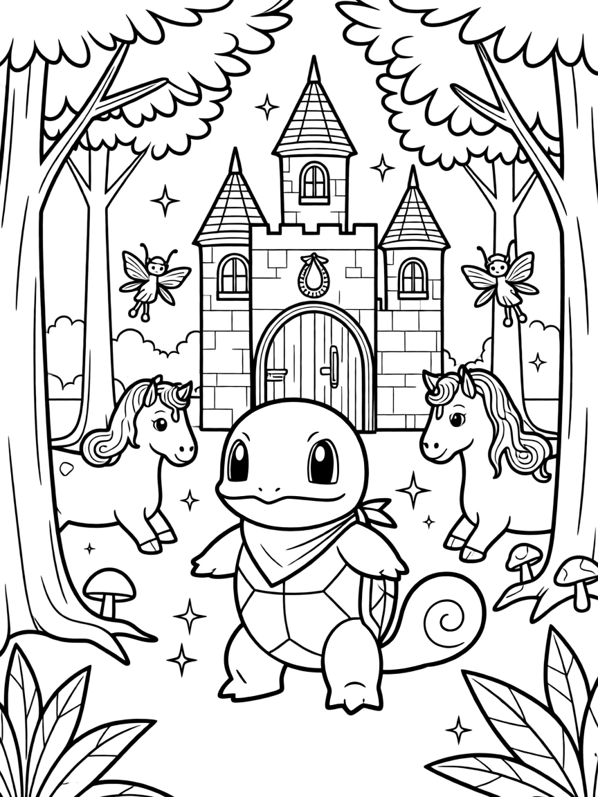A fantasy background of Squirtle in a magical forest or castle, with sparkles and mystical creatures.