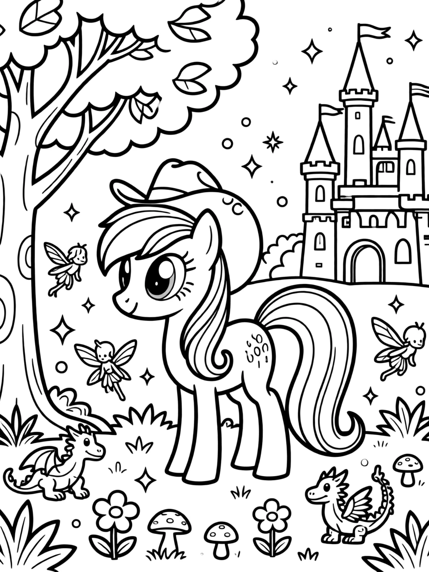 A fantasy background of Applejack in a magical forest or castle, with sparkles and mystical creatures.