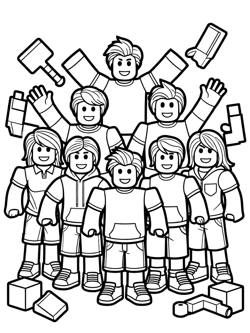 A group coloring page featuring Roblox with other characters from the same show or movie.