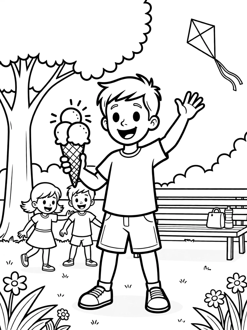 Woody enjoying a day off, eating ice cream or playing with friends in a park setting.