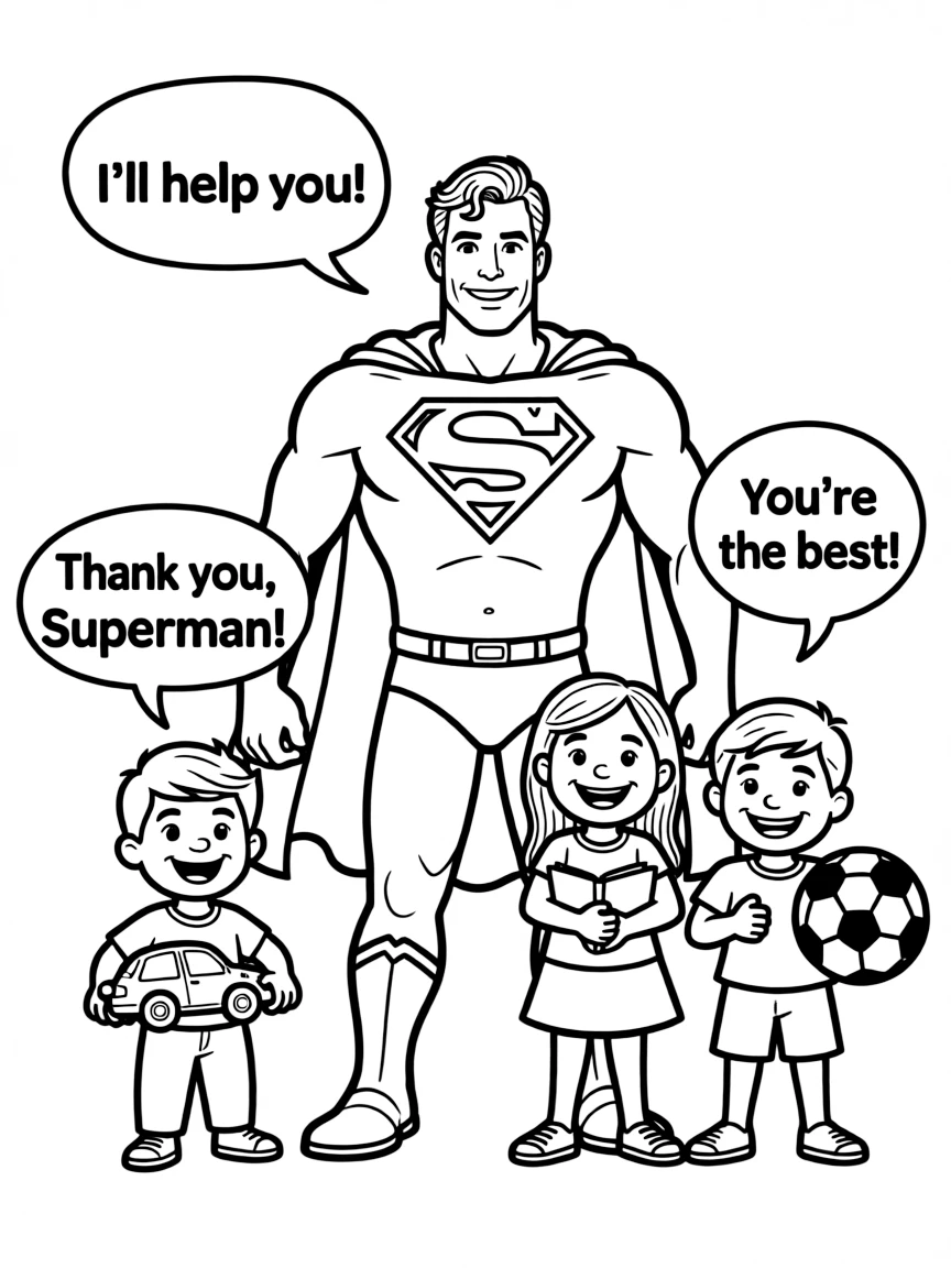 A cartoon-style drawing of Superman helping friends, with speech bubbles and cheerful faces.