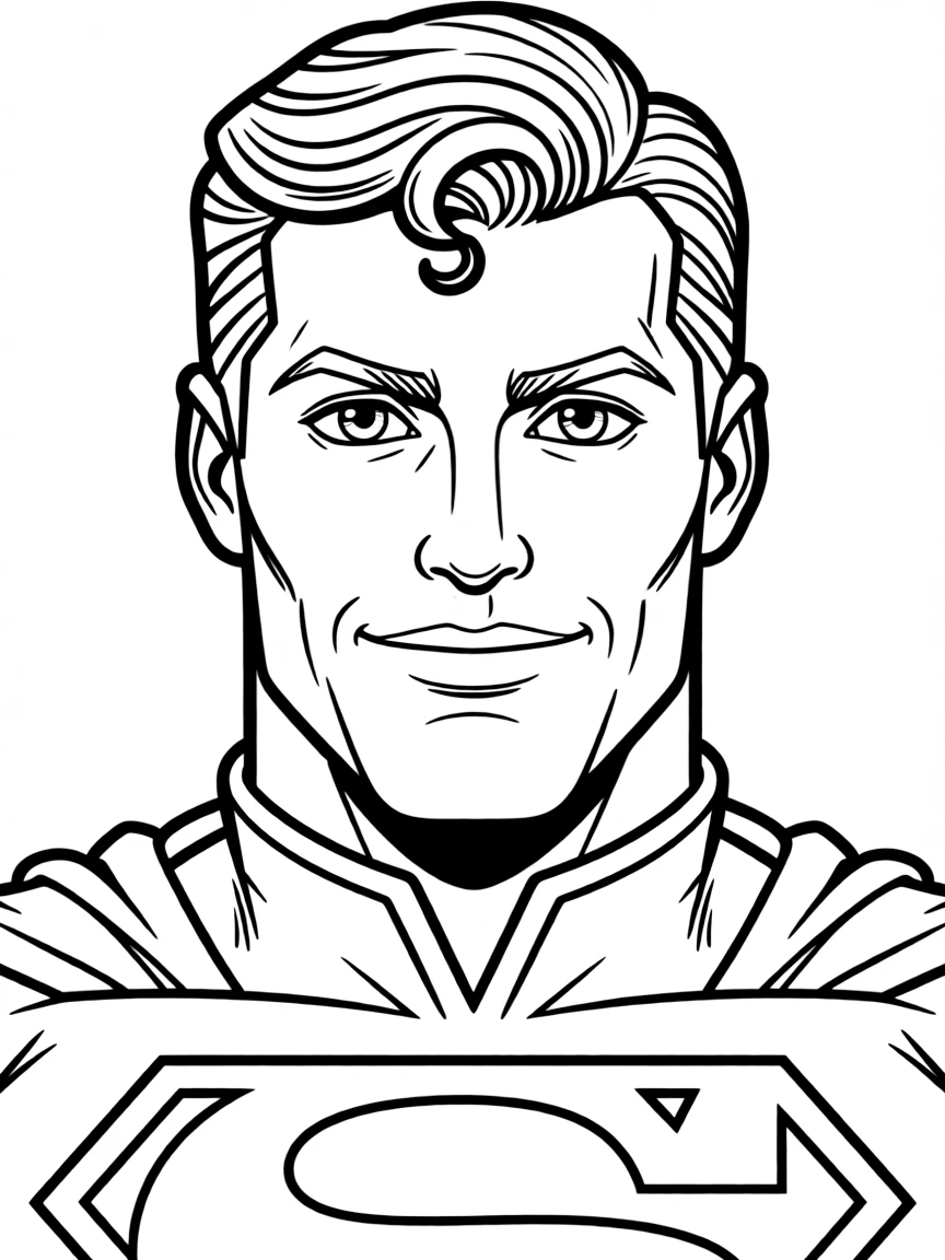 A close-up of Superman's face in bold lines with expressive eyes and detailed costume elements.