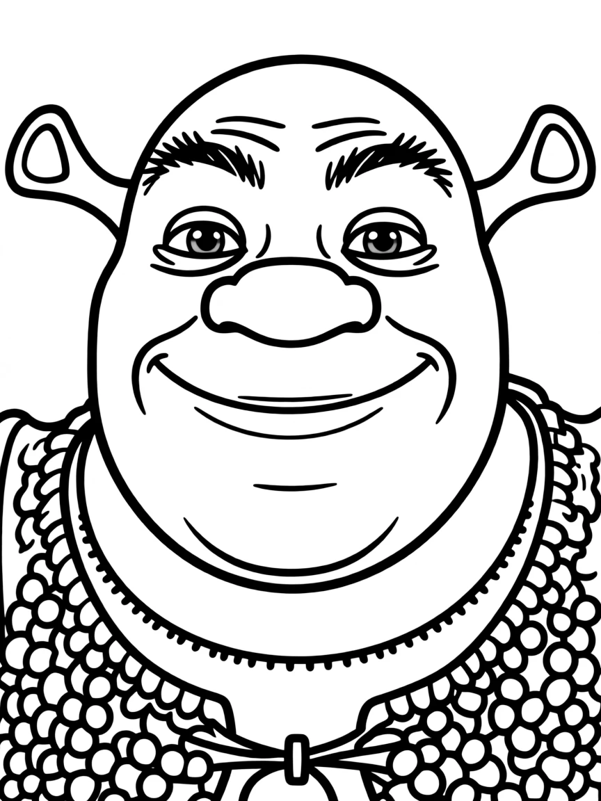A close-up of Shrek's face in bold lines with expressive eyes and detailed costume elements.