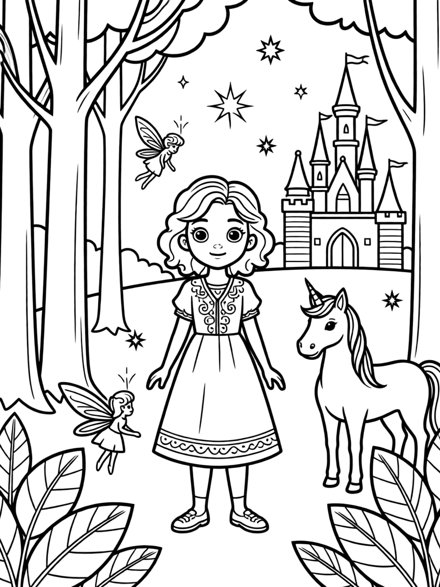 A fantasy background of Mirabel in a magical forest or castle, with sparkles and mystical creatures.