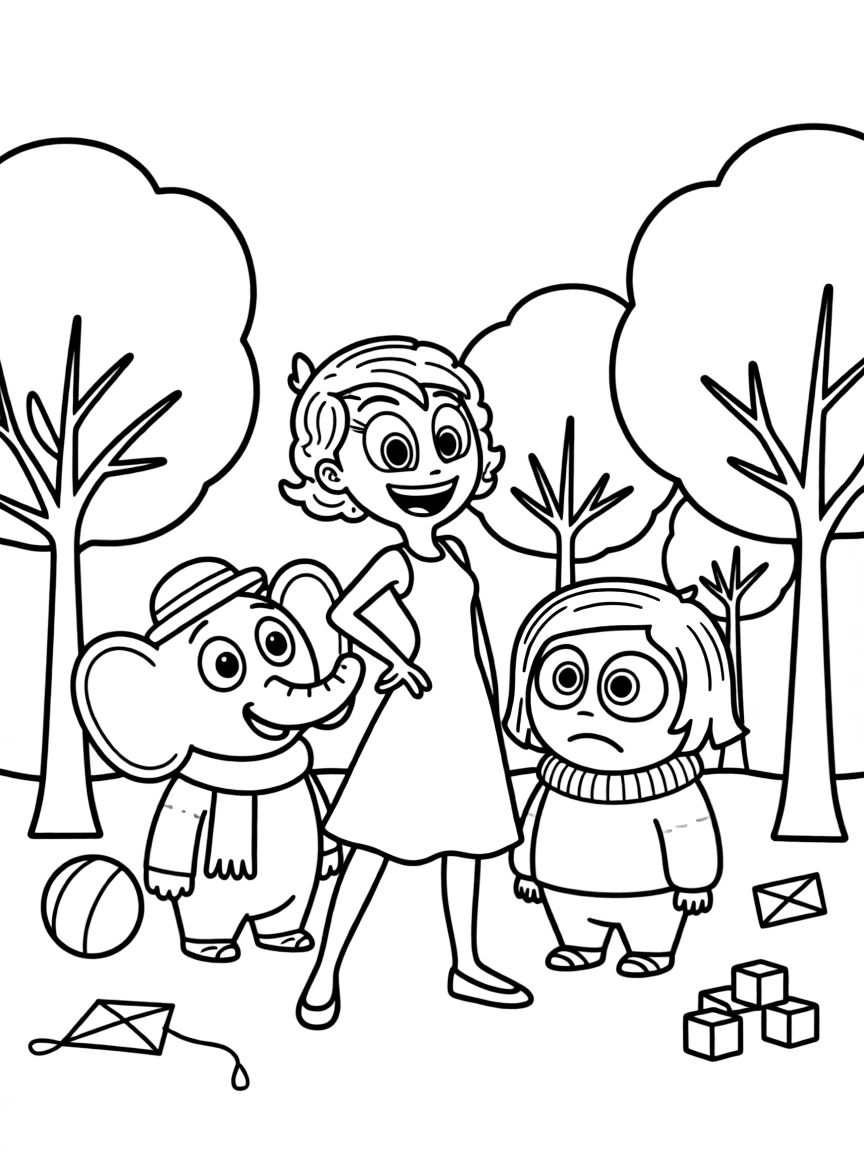 Inside Out smiling and posing with their sidekicks, surrounded by trees, toys, or fun backgrounds.