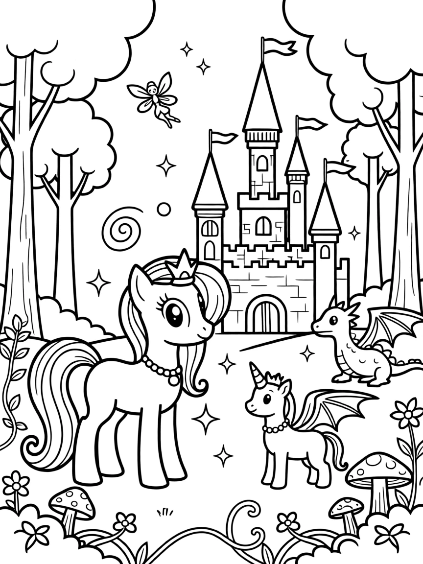 A fantasy background of My Little Pony in a magical forest or castle, with sparkles and mystical creatures.