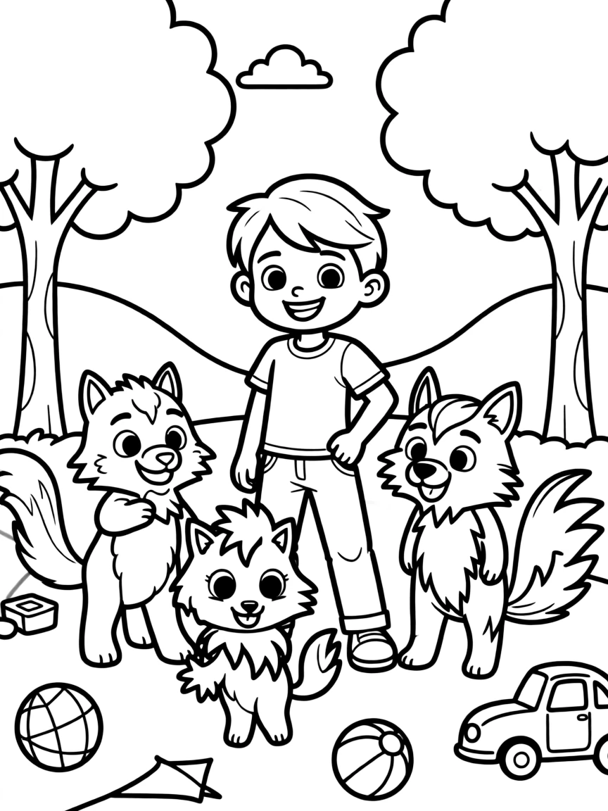 Coco smiling and posing with their sidekicks, surrounded by trees, toys, or fun backgrounds.