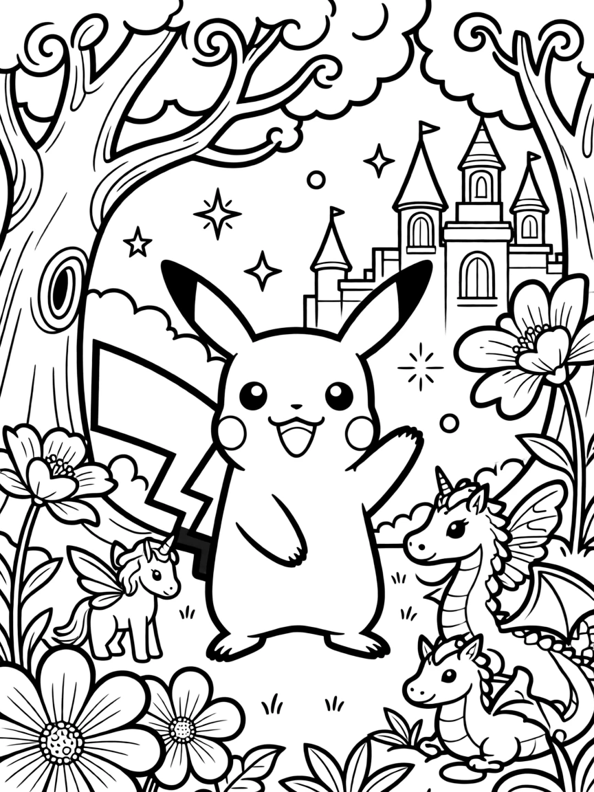 A fantasy background of Pikachu in a magical forest or castle, with sparkles and mystical creatures.