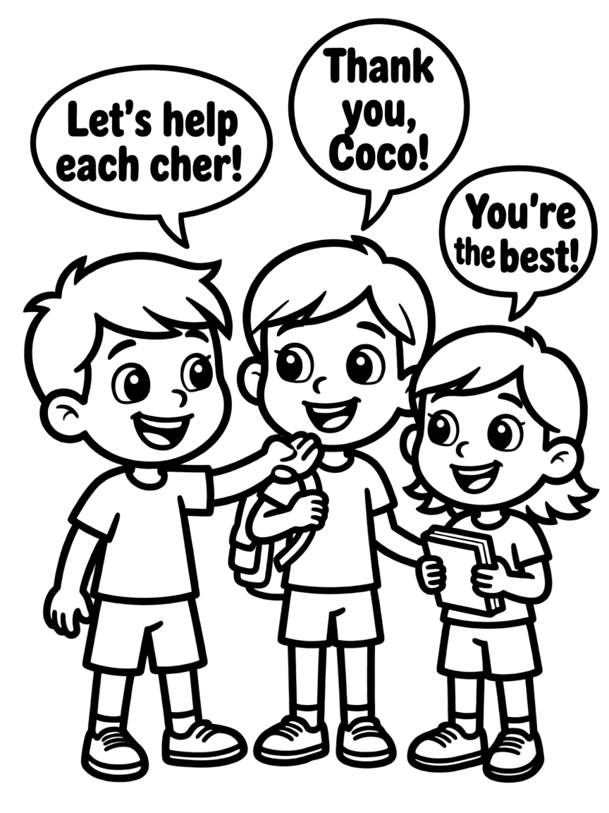 A cartoon-style drawing of Coco helping friends, with speech bubbles and cheerful faces.