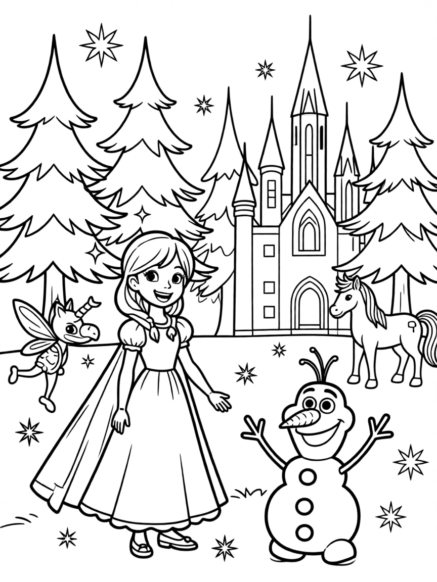 A fantasy background of Frozen in a magical forest or castle, with sparkles and mystical creatures.