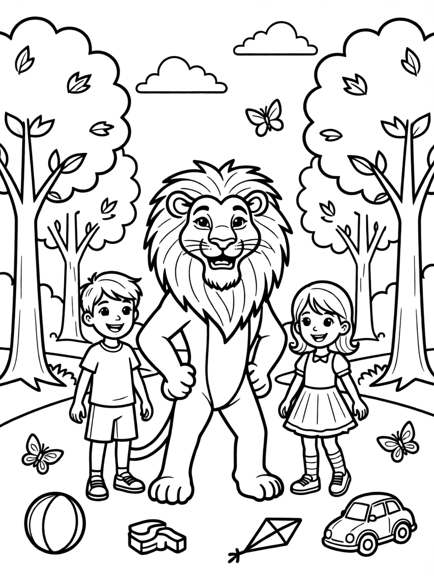 The Lion King smiling and posing with their sidekicks, surrounded by trees, toys, or fun backgrounds.