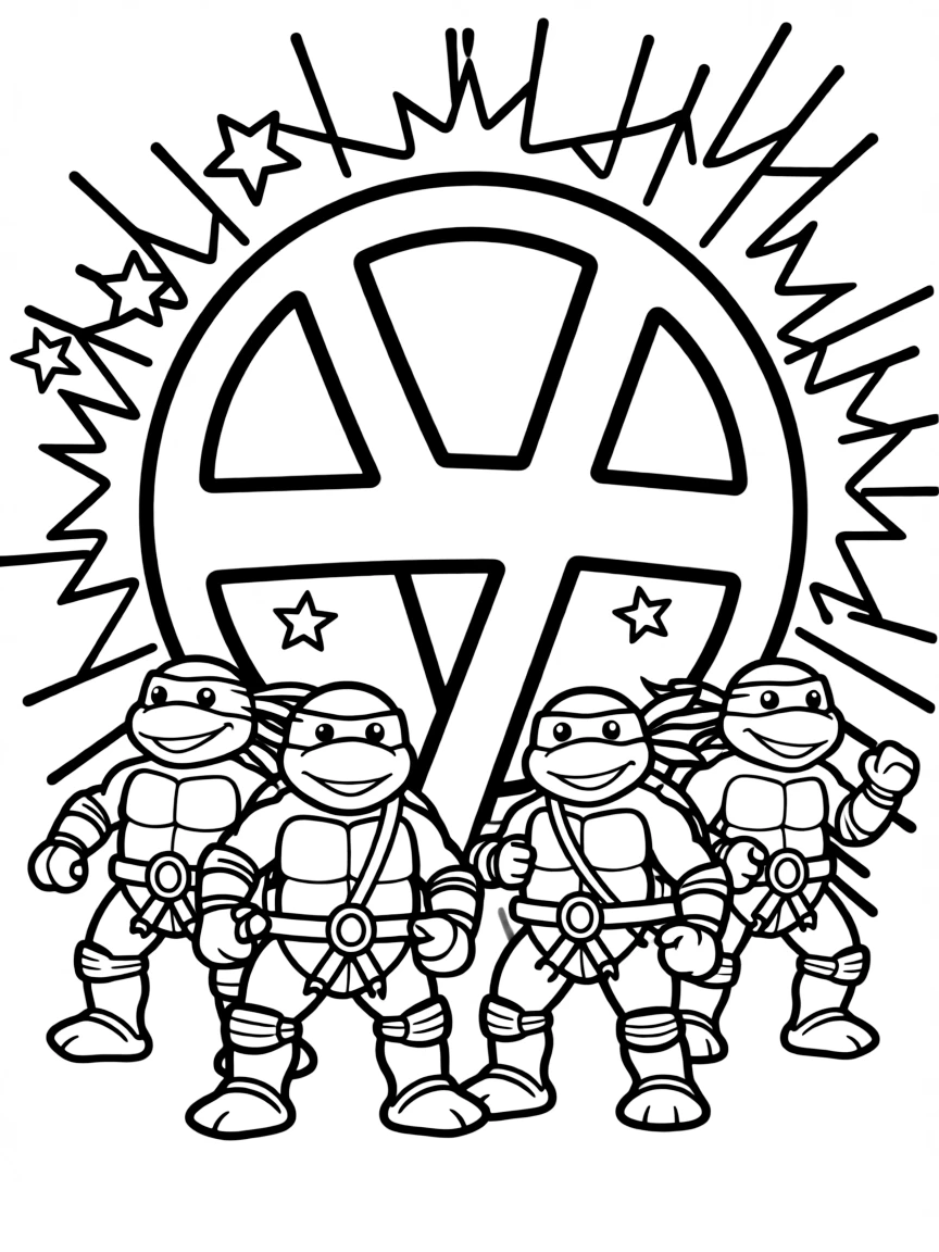 Teenage Mutant Ninja Turtles standing proudly in front of their iconic logo with stars and comic-style effects around.