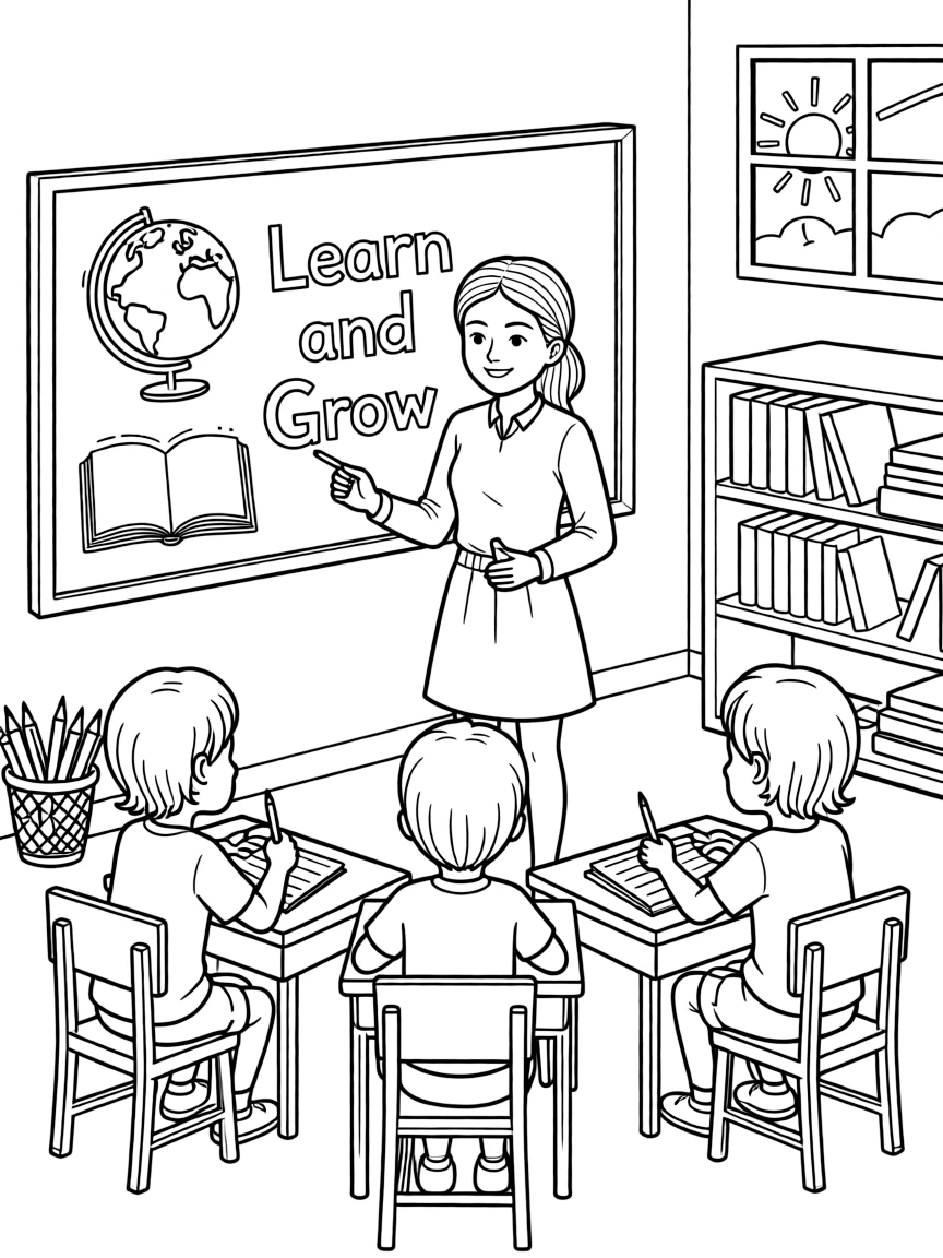 Malala Yousafzai teaching children, with educational items like chalkboards and pencils, in a friendly classroom scene.