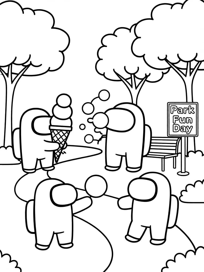 Among Us enjoying a day off, eating ice cream or playing with friends in a park setting.