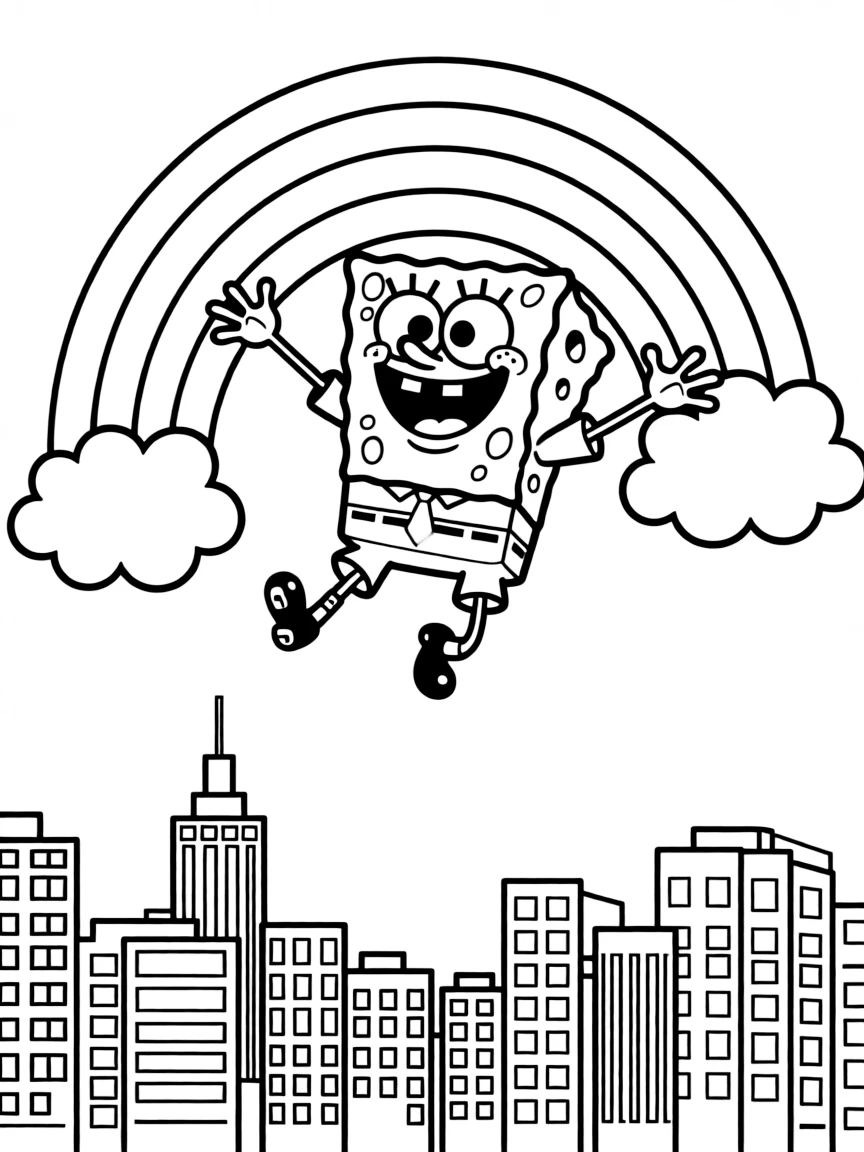SpongeBob SquarePants flying through the clouds with a rainbow behind and city skyline below.