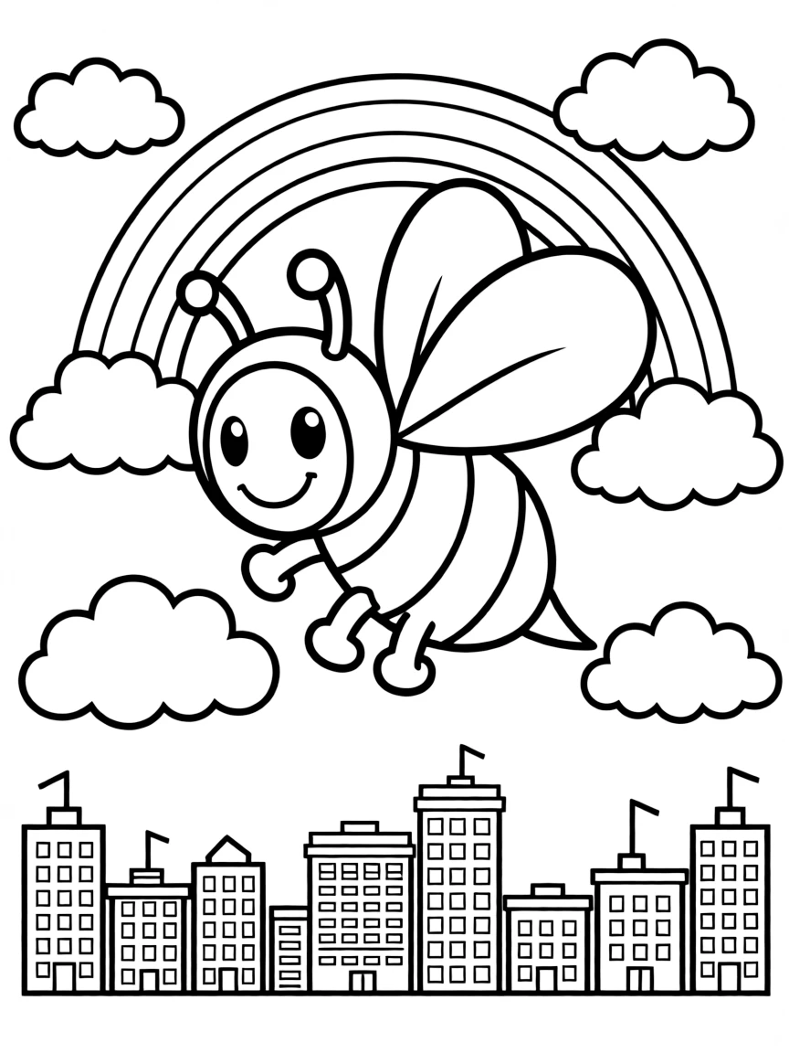 Bumblebee flying through the clouds with a rainbow behind and city skyline below.