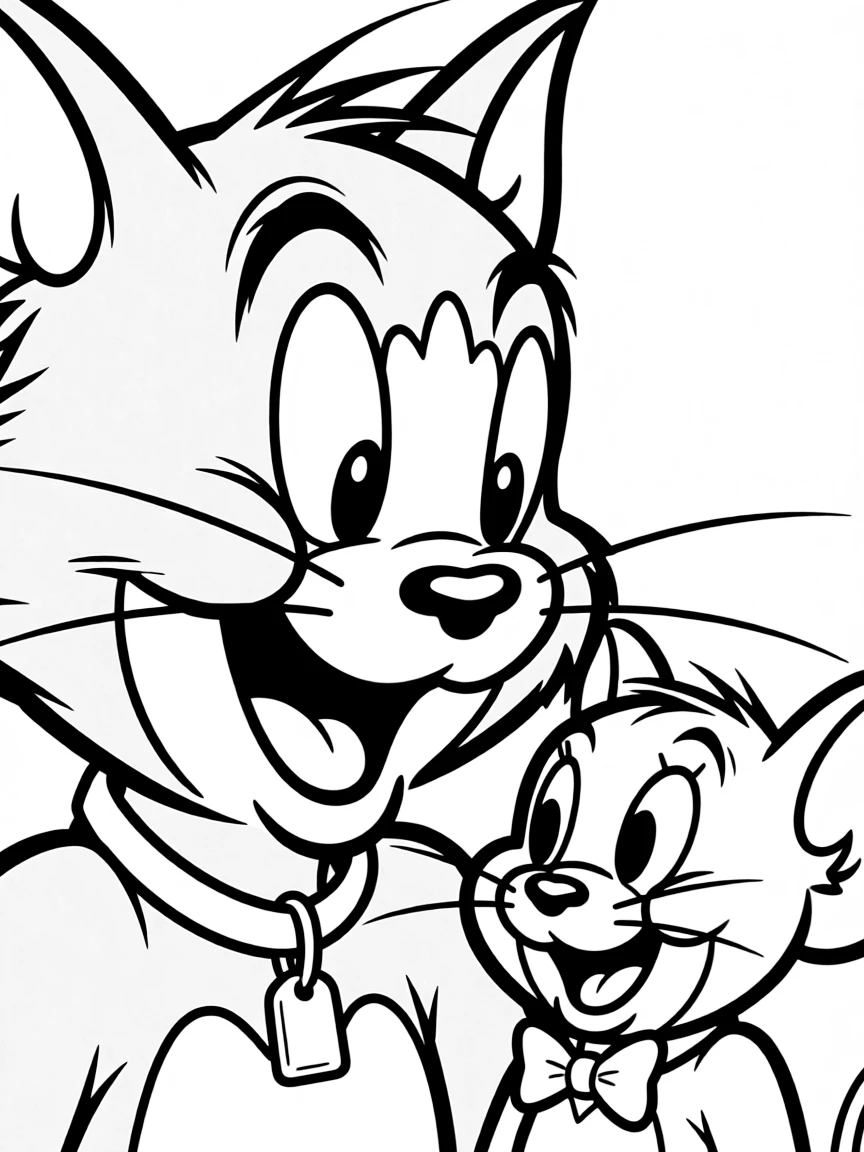 A close-up of Tom and Jerry's face in bold lines with expressive eyes and detailed costume elements.