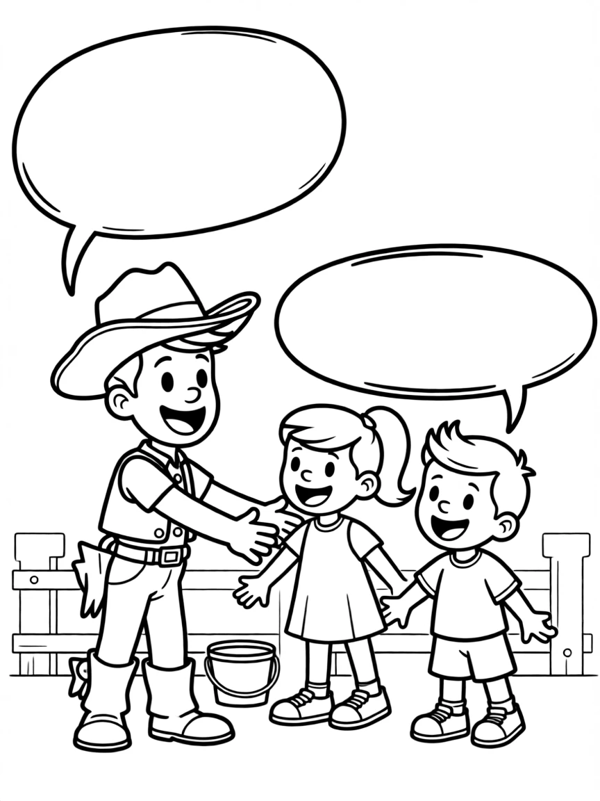 A cartoon-style drawing of Woody helping friends, with speech bubbles and cheerful faces.
