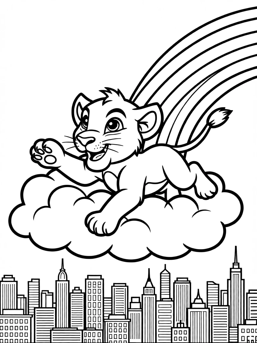 Simba flying through the clouds with a rainbow behind and city skyline below.