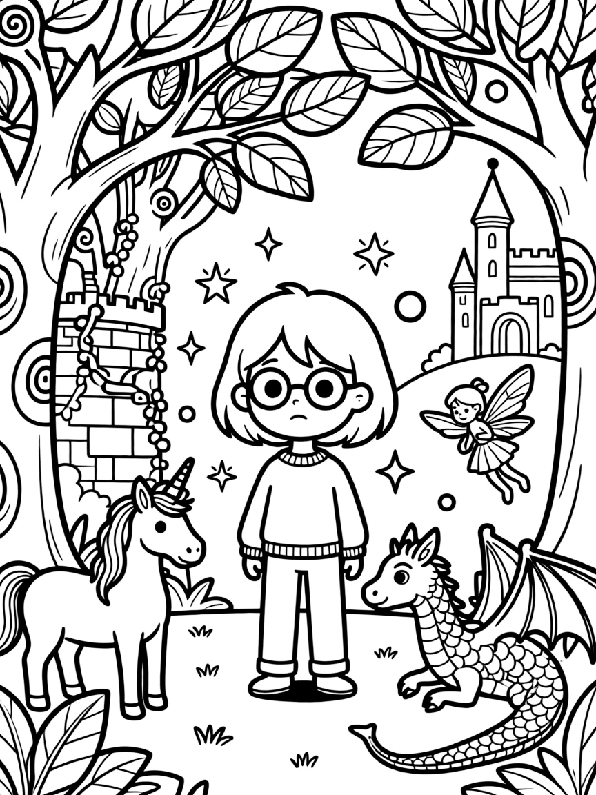 A fantasy background of Sadness in a magical forest or castle, with sparkles and mystical creatures.