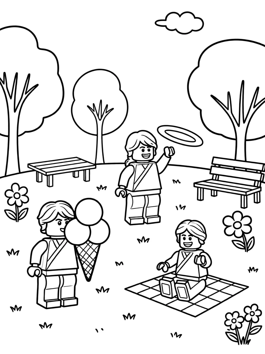 Lego Ninjago enjoying a day off, eating ice cream or playing with friends in a park setting.