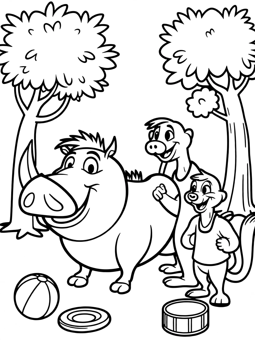 Pumbaa smiling and posing with their sidekicks, surrounded by trees, toys, or fun backgrounds.