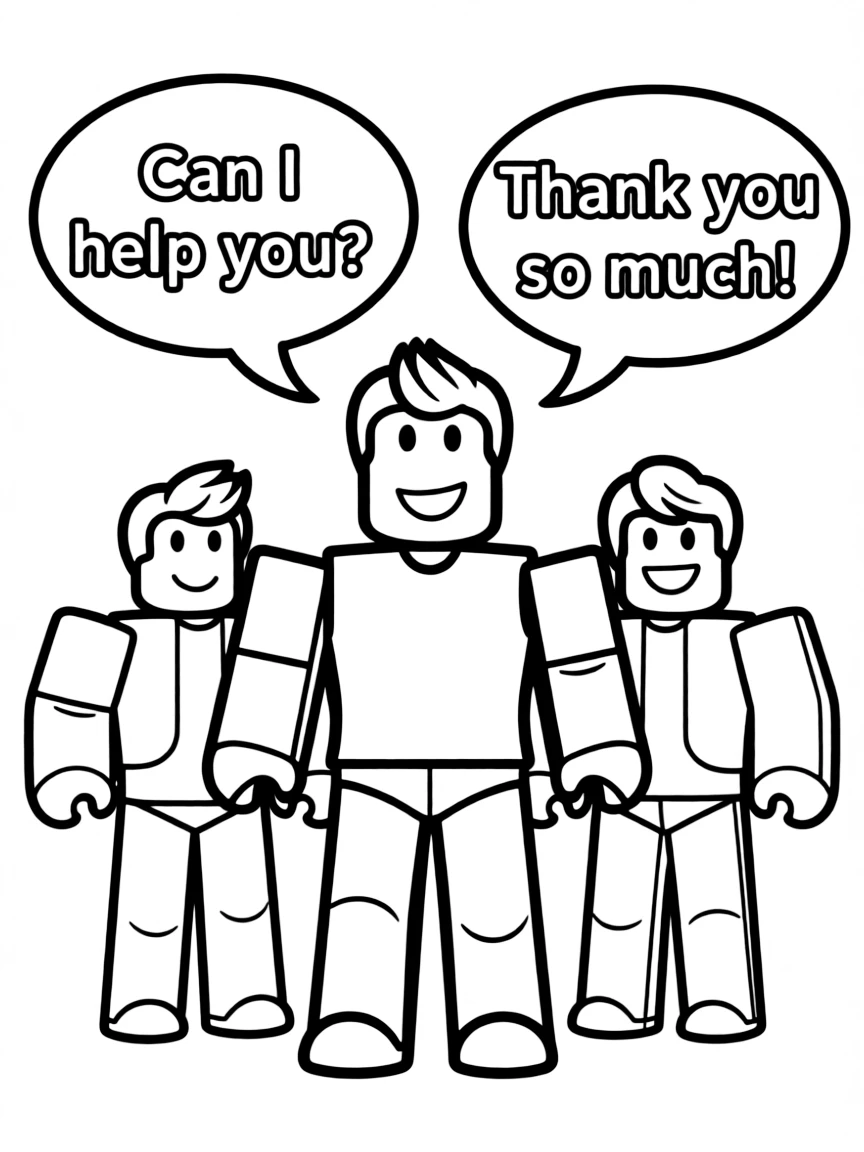 A cartoon-style drawing of Roblox helping friends, with speech bubbles and cheerful faces.