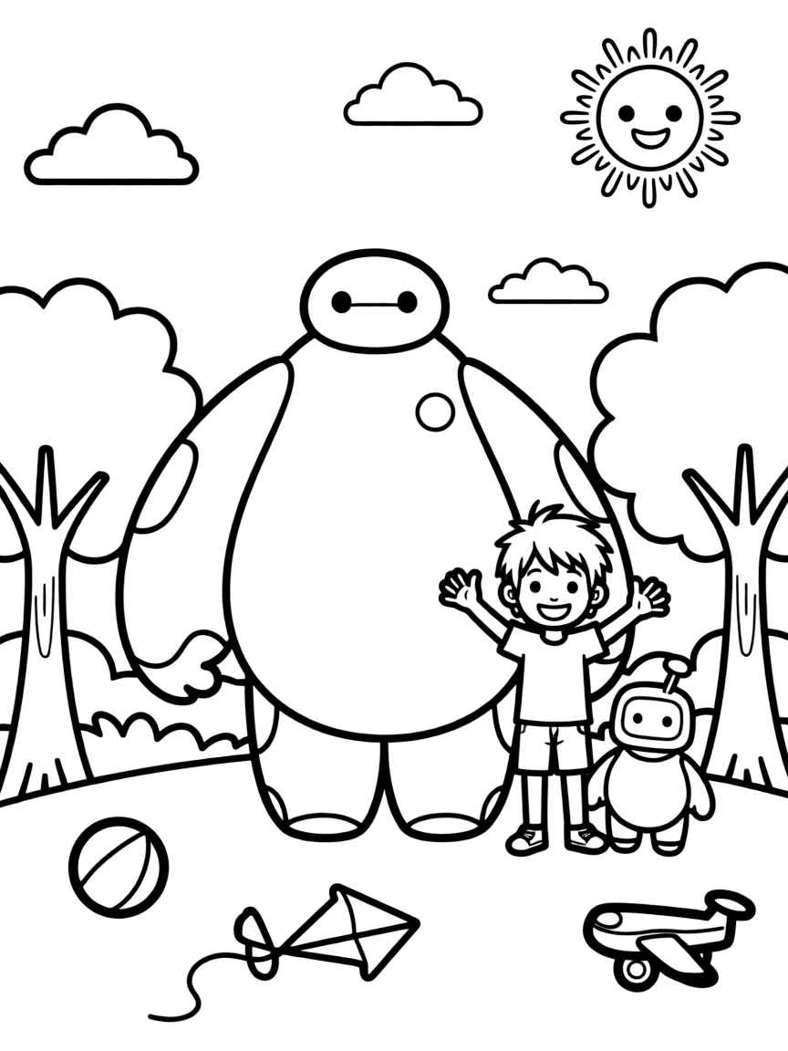 Baymax smiling and posing with their sidekicks, surrounded by trees, toys, or fun backgrounds.