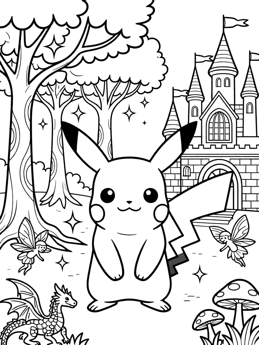 A fantasy background of Pikachu in a magical forest or castle, with sparkles and mystical creatures.