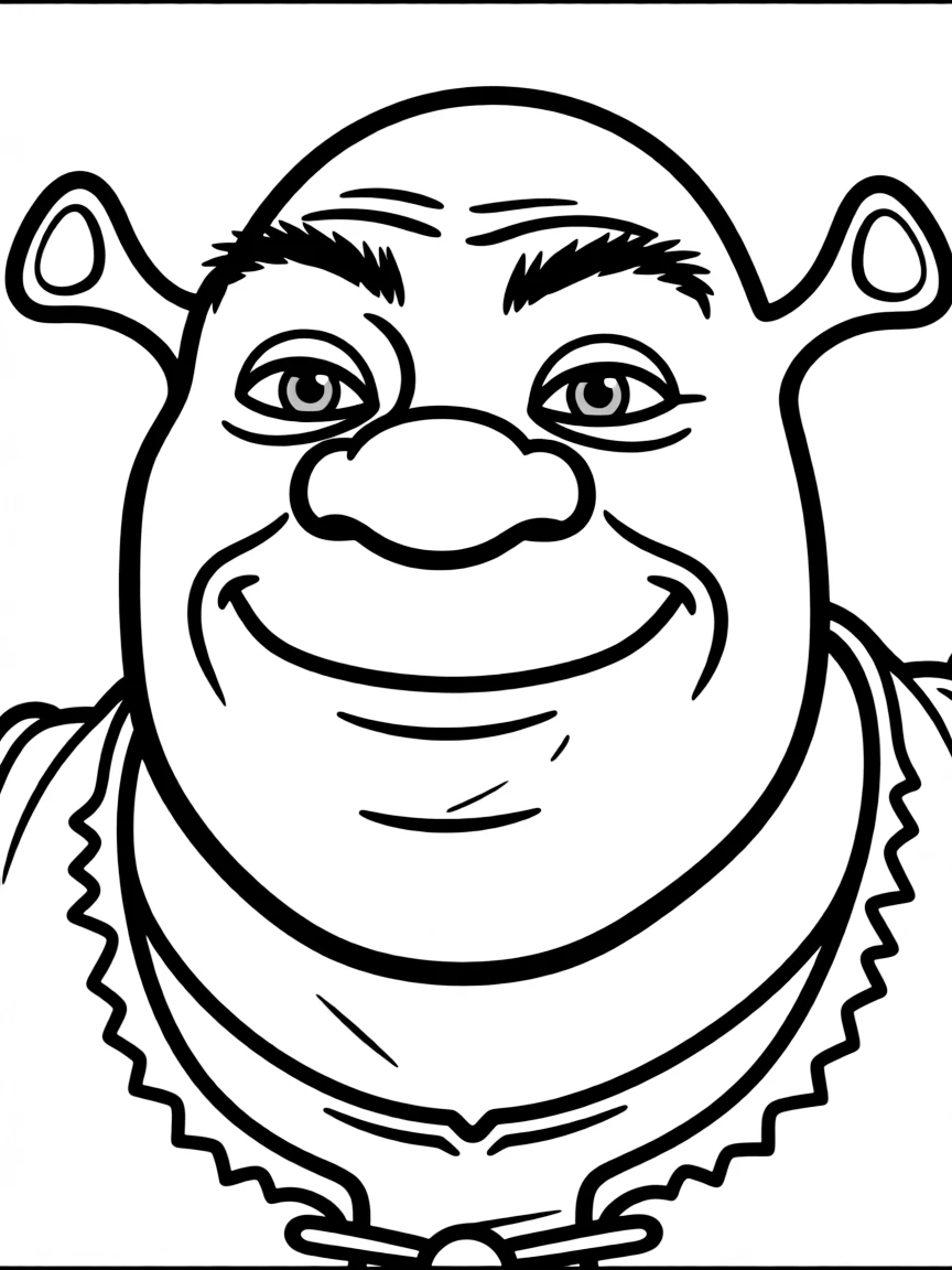A close-up of Shrek's face in bold lines with expressive eyes and detailed costume elements.