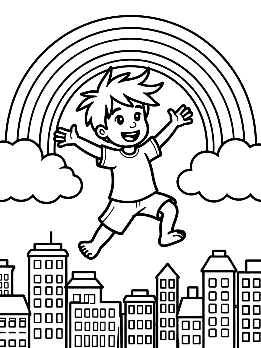 Diego flying through the clouds with a rainbow behind and city skyline below.