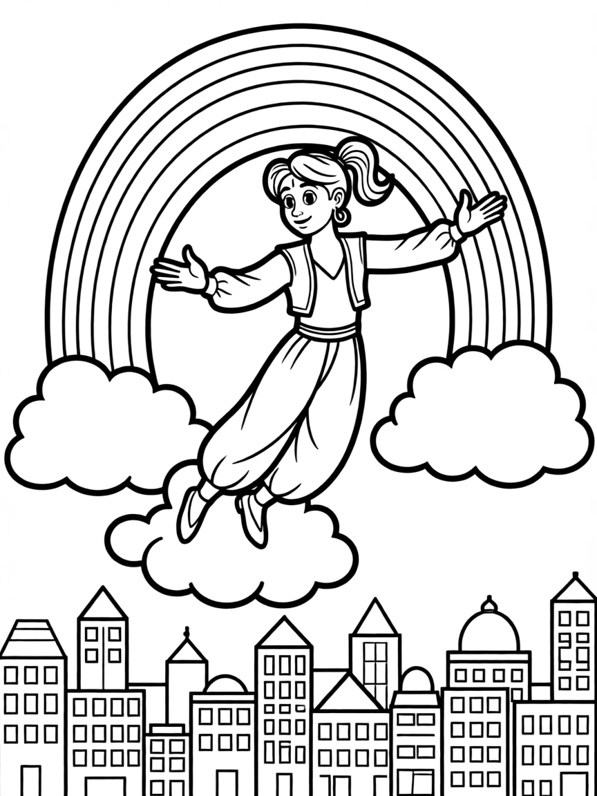 Genie flying through the clouds with a rainbow behind and city skyline below.