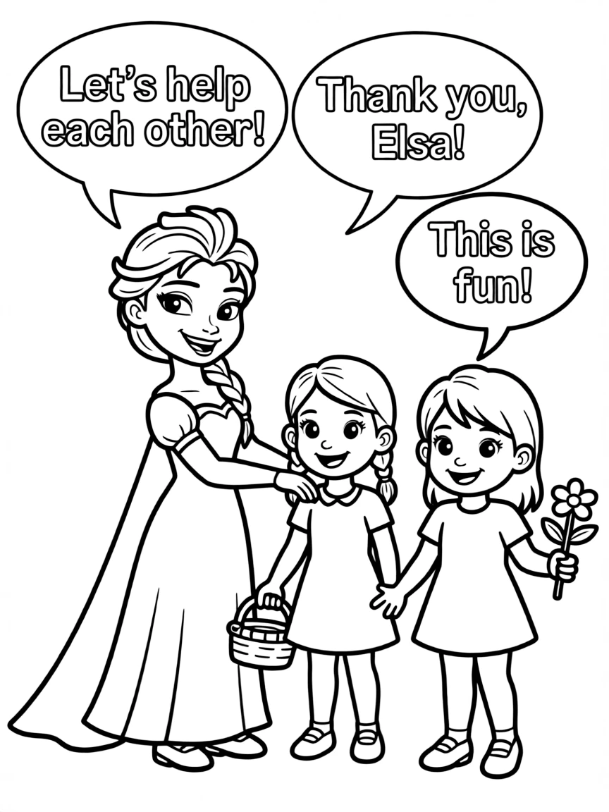 A cartoon-style drawing of Elsa helping friends, with speech bubbles and cheerful faces.