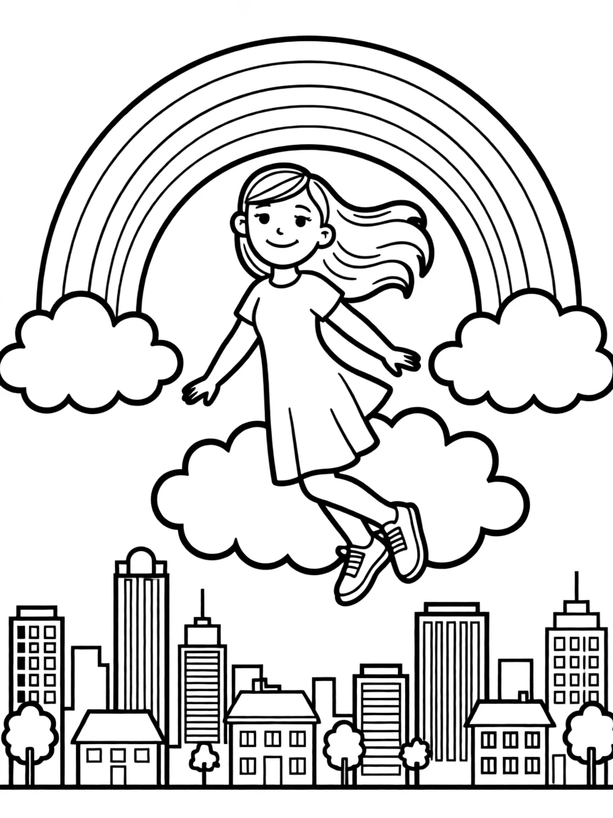 Fiona flying through the clouds with a rainbow behind and city skyline below.
