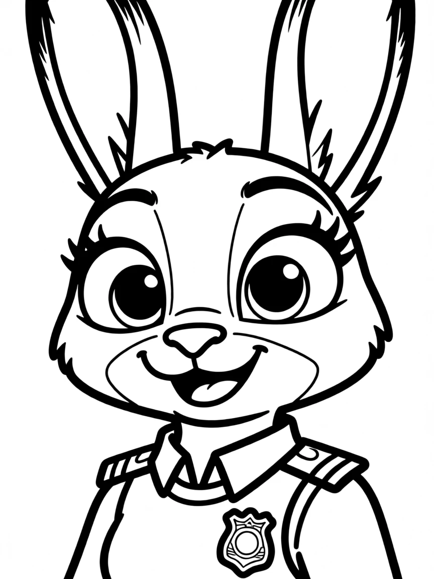 A close-up of Judy Hopps's face in bold lines with expressive eyes and detailed costume elements.
