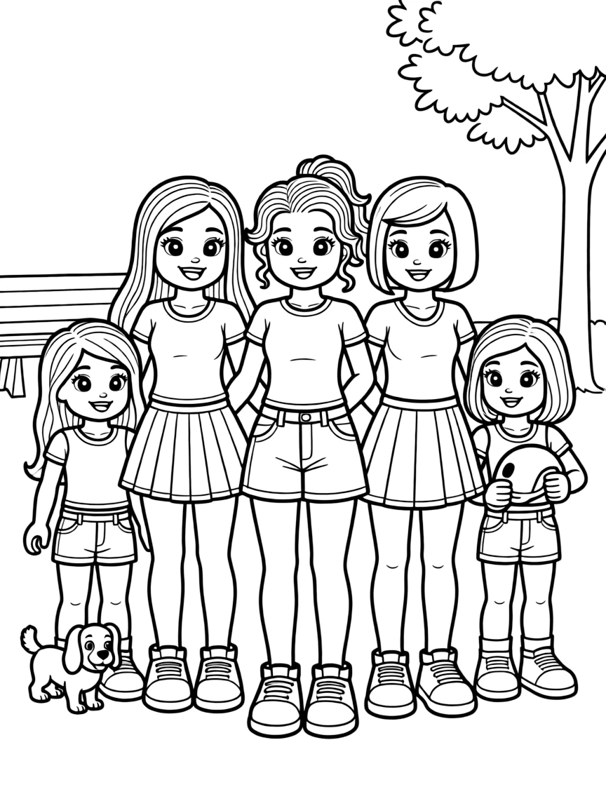 A group coloring page featuring Lego Friends with other characters from the same show or movie.