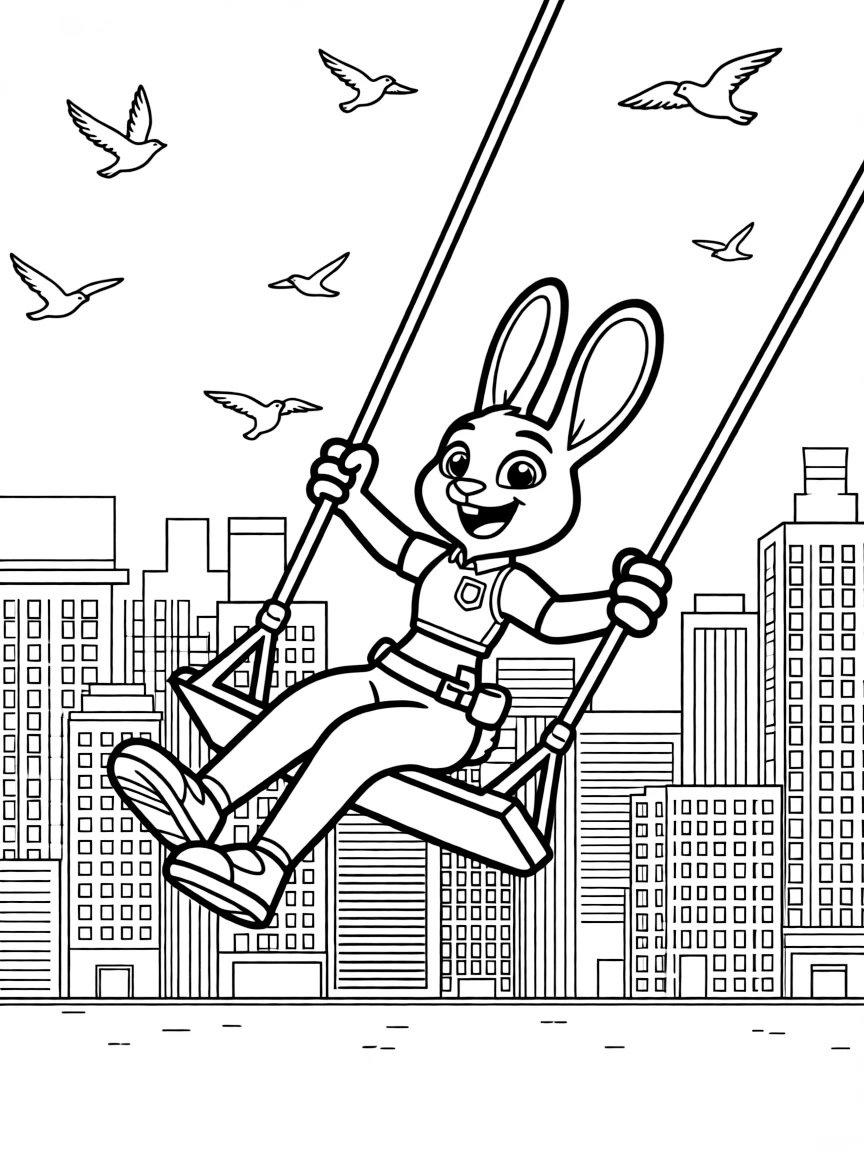 A fun and detailed coloring page of Judy Hopps swinging through a city full of tall buildings and birds.